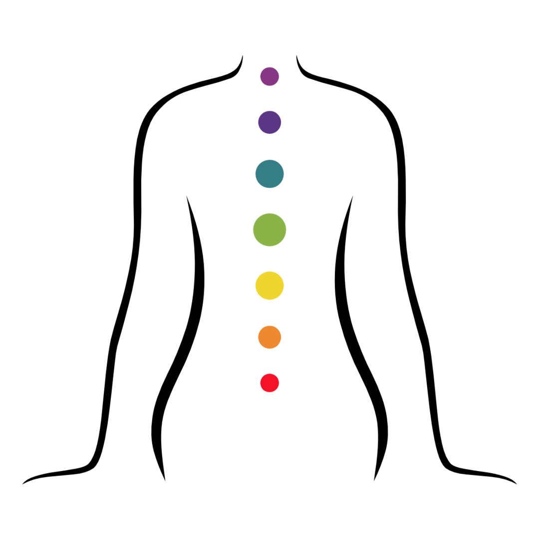 the business logo depicting a silouhette of a body with chakras going up the spine