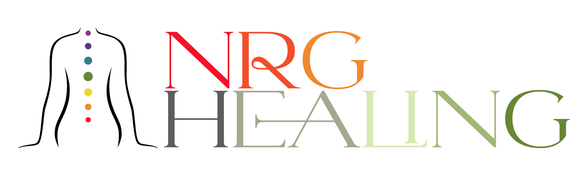 the business logo depicting a silouhette of a body with chakras going up the spine, to the right of it is the business name, nrg healing
